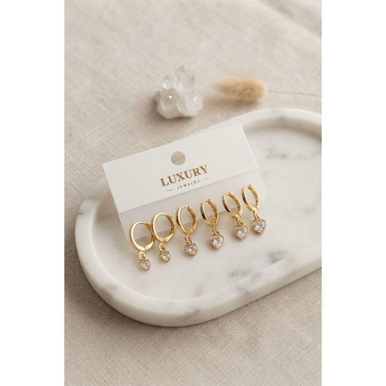 Kalp Zirkon Taşlı Gold Renk Pirinç Set Küpe 5886