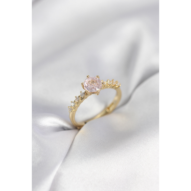 Gold Renk Pembe Tek Taş Model Zirkon Taşlı Kadın Yüzük 5886
