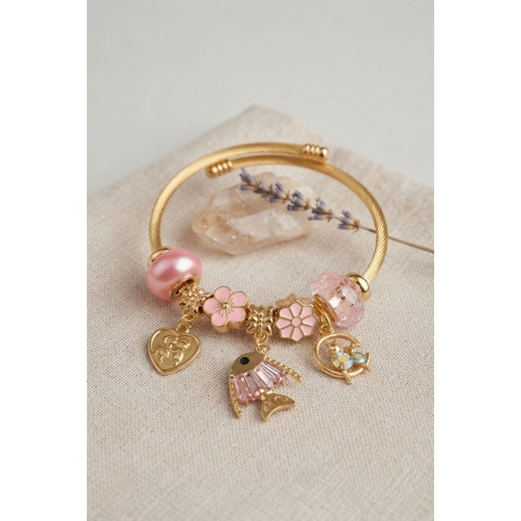 Balık Charmlı Pembe Renk Gold Bileklik 5886