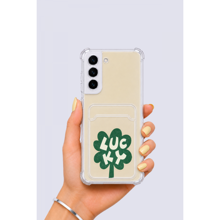 Samsung Galaxy S22 Kartlıklı Lucky Yonca Desenli Kılıf