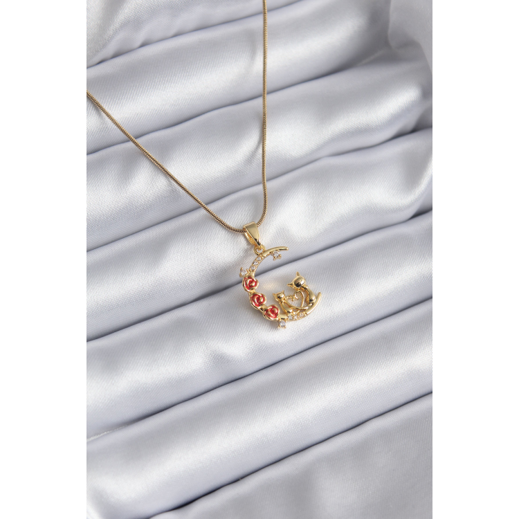 316L Çelik Gold Renk Hilal Kedi Model Zirkon Taşlı Detay Kadın Kolye 5886