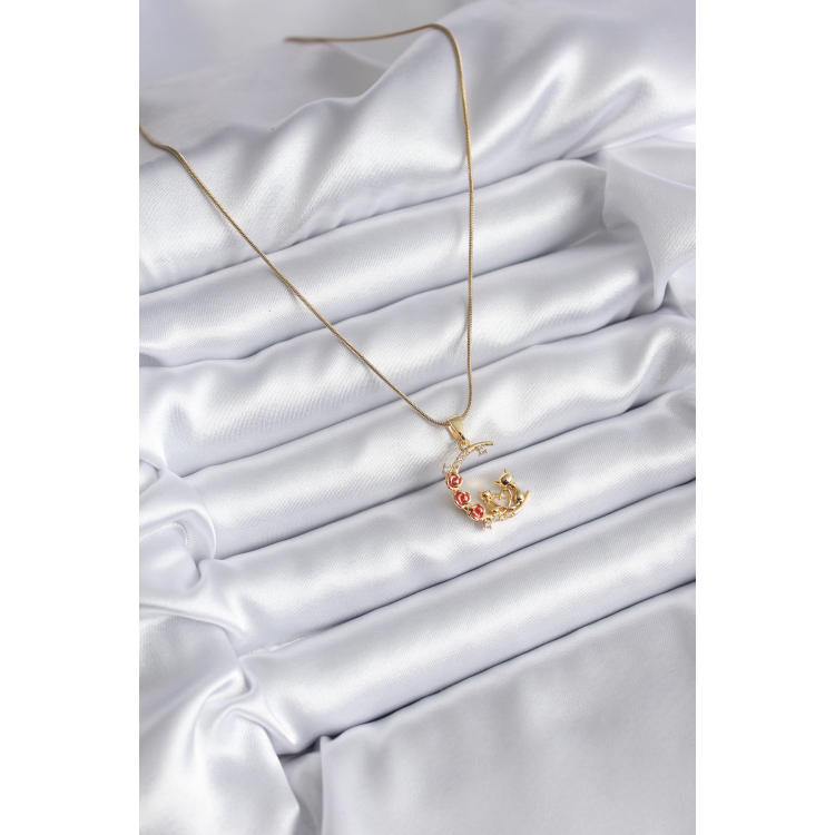316L Çelik Gold Renk Hilal Kedi Model Zirkon Taşlı Detay Kadın Kolye 5886