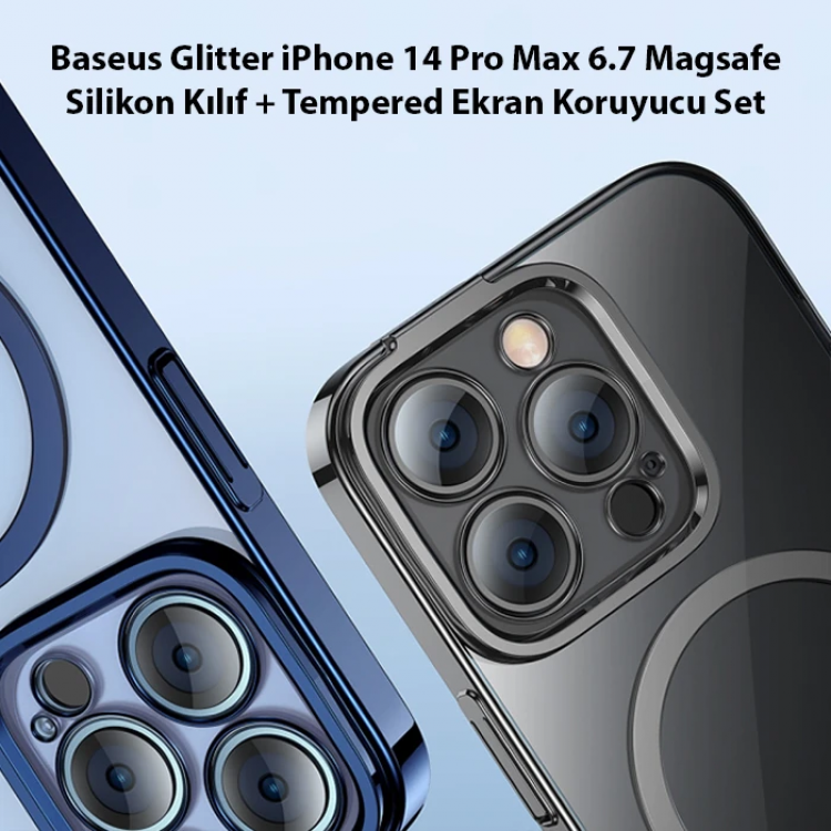 Baseus Glitter iPhone 14 Pro Max 6.7 Magsafe Silikon Kılıf + Tempered Ekran Koruyucu Set-(5775)
