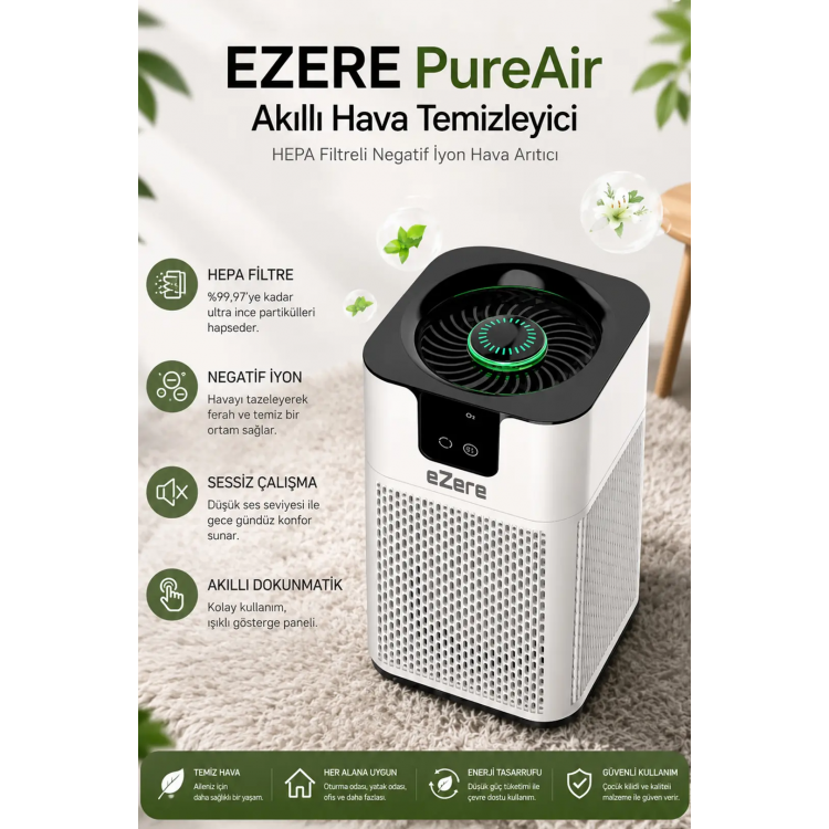 EZERE PureAir Akıllı Hava Temizleyici HEPA Filtreli Negatif İyon Hava Arıtıcı-(5775)