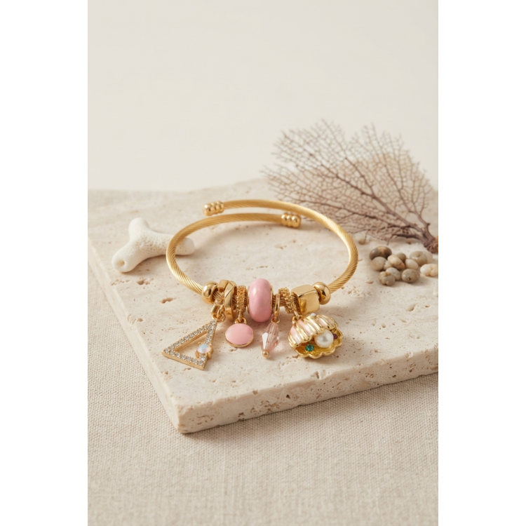 Pembe Deniz Kabuğu Model Gold Renk Charmlı Bileklik 5886