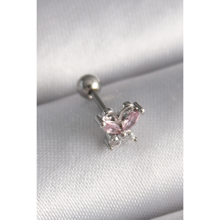 316L Çelik Gümüş Renk Pembe Zirkon Taşlı Kelebek Tragus Piercing 5886