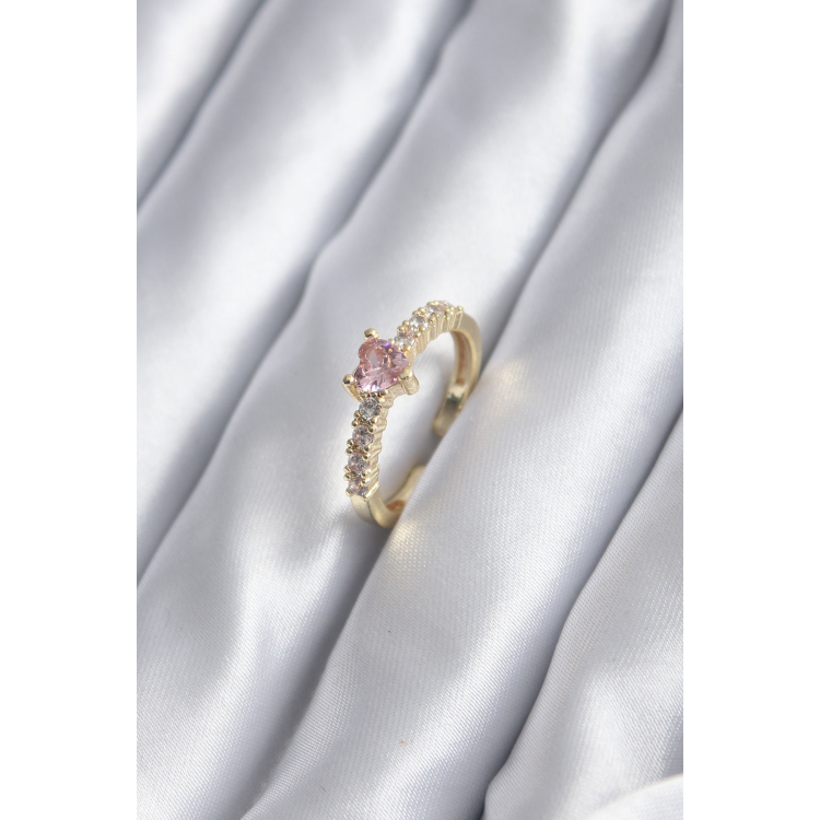 Gold Renk Zirkon Taşlı Pembe Kristal Kalp Model Kadın Yüzük 5886