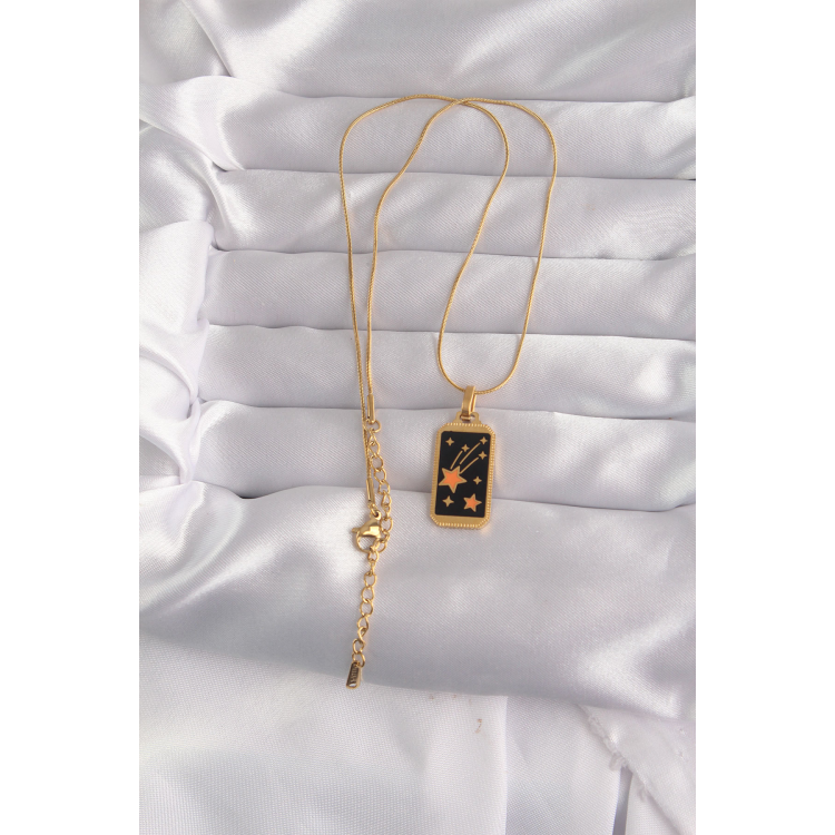 316L Çelik Gold Renk Siyah Mineli Yıldız Figür Tarot Kolye 5886