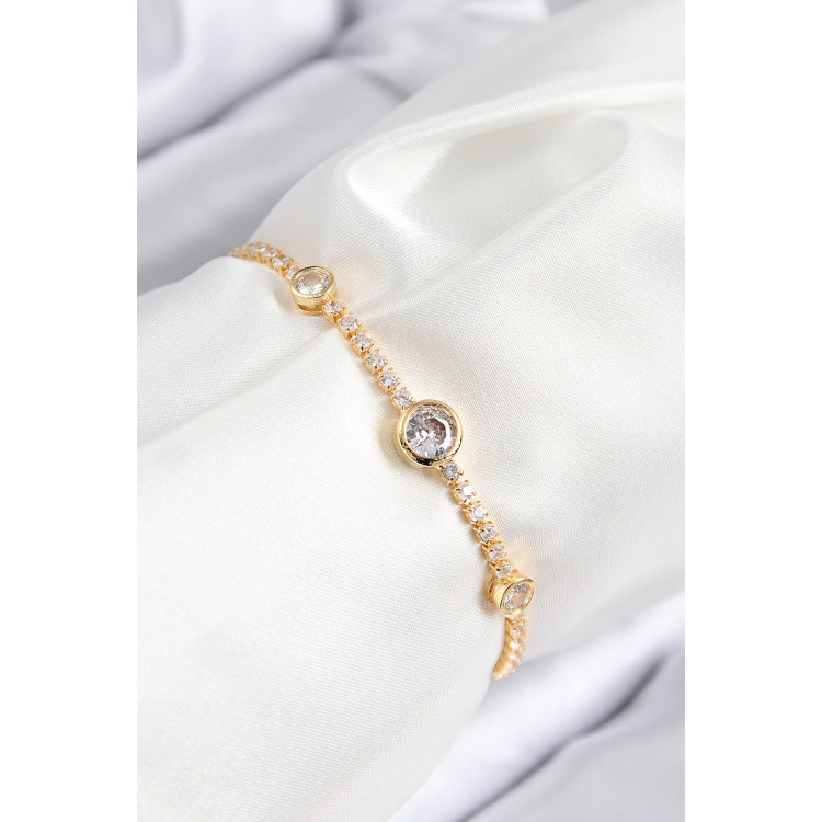 Pirinç Zirkon Taşlı Daire Model Gold Renk Asansörlü Kadın Bileklik 5886