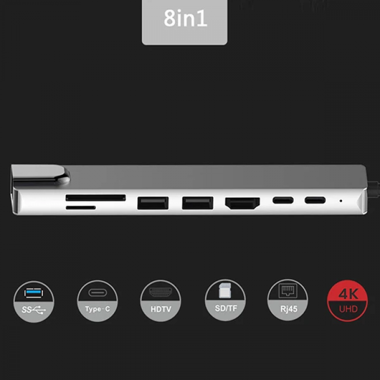 Ally 8 Port Usb 8in1 3.0 Type-C Hdmi 3XUSB+2 PD) RJ45 Hub Adaptör Çoklayıcı TF SD Kart-(5775)