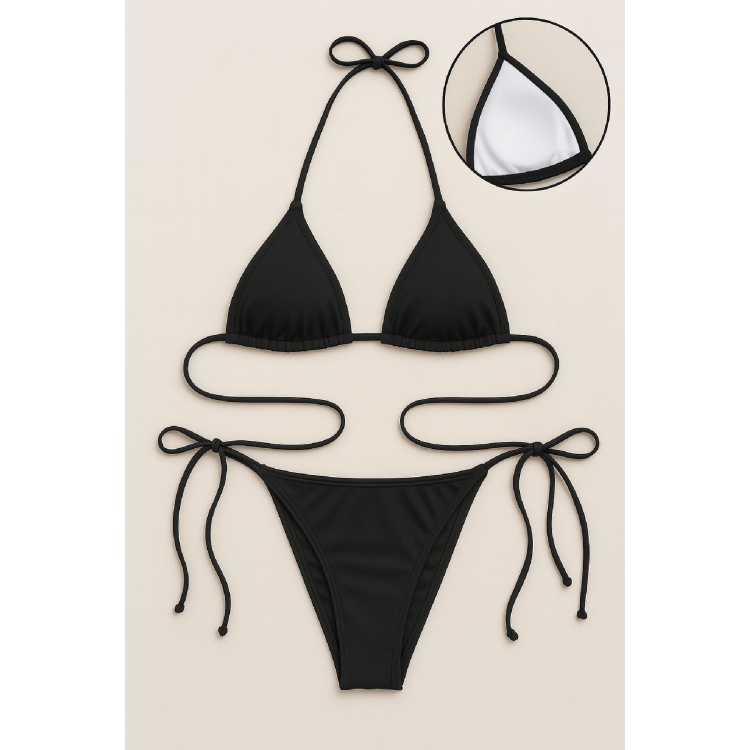 Kadın Siyah Yandan ve Boyundan Bağlamalı Bikini Mayo Takımı