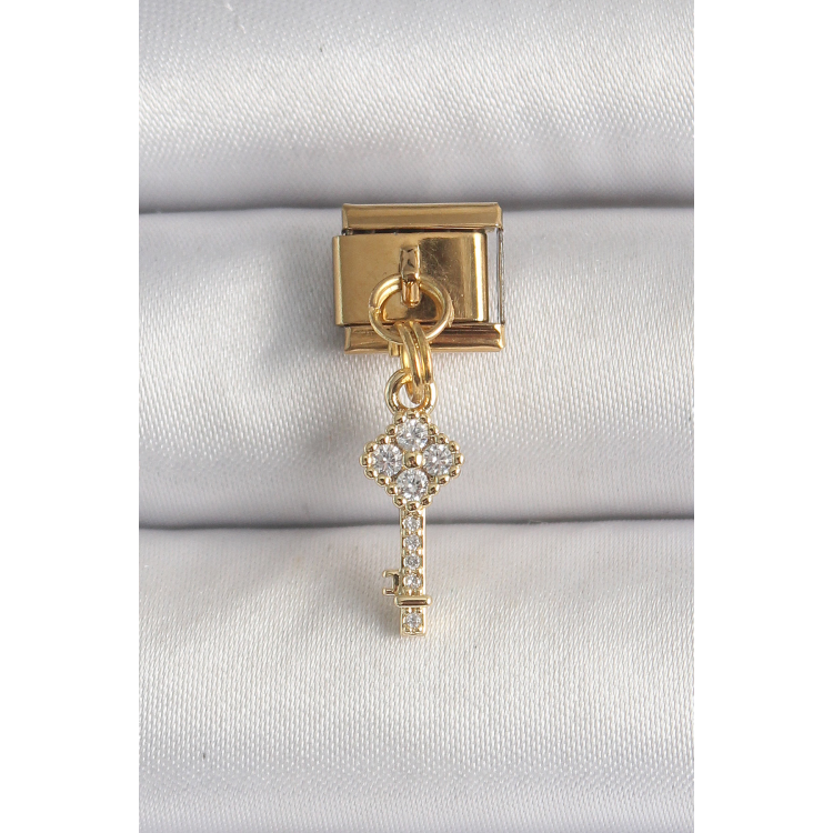 316L Çelik Gold Renk Sallantı Zirkon Taşlı Anahtar Model Nomination Charm 5886