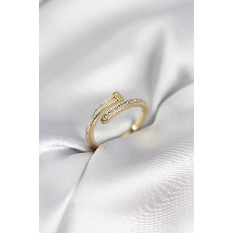 Zirkon Taşlı Gold Renk Yassı Çivi Model Kadın Yüzük 5886