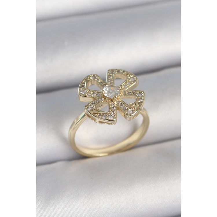 Pirinç Gold Renk Zirkon Taşlı Yonca Model Ayarlanabilir Kadın Yüzük 5886