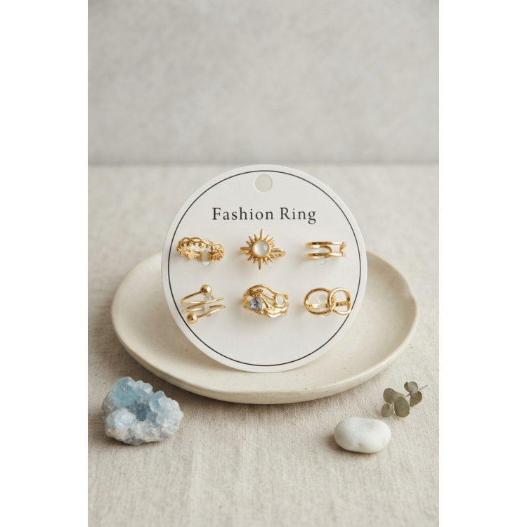 Gold Renk Pirinç Güneş Detaylı 6'lı Yüzük Seti BYK4313 5886