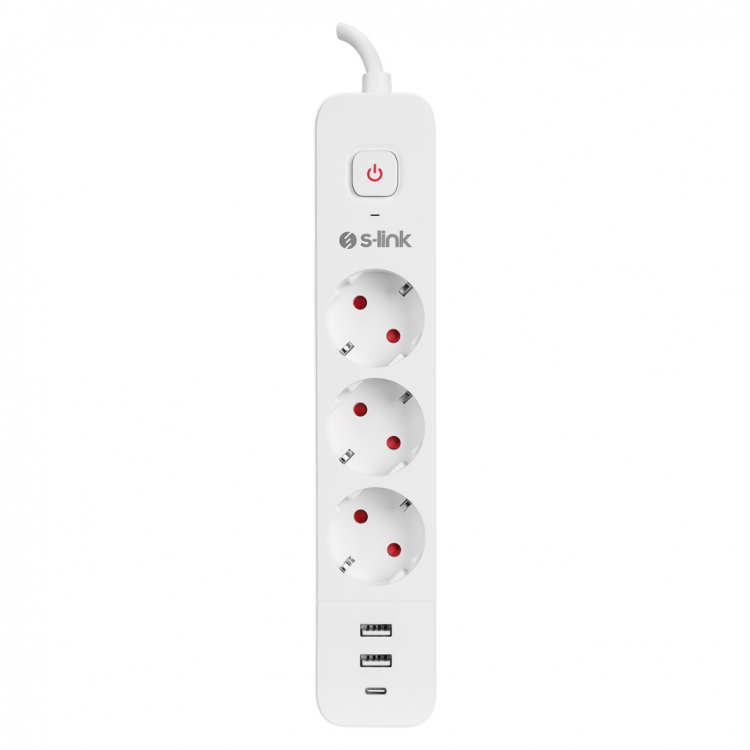S-LINK SPG03TC 3 Soket Akım Korumalı Priz 1x Type-C 2xUSB 5V 4A 1.5Mt %100 Bakır 1mm Kablo 750 Joule (Beyaz)(1923)
