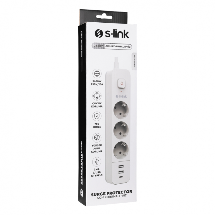 S-LINK SPG03TC 3 Soket Akım Korumalı Priz 1x Type-C 2xUSB 5V 4A 1.5Mt %100 Bakır 1mm Kablo 750 Joule (Beyaz)(1923)