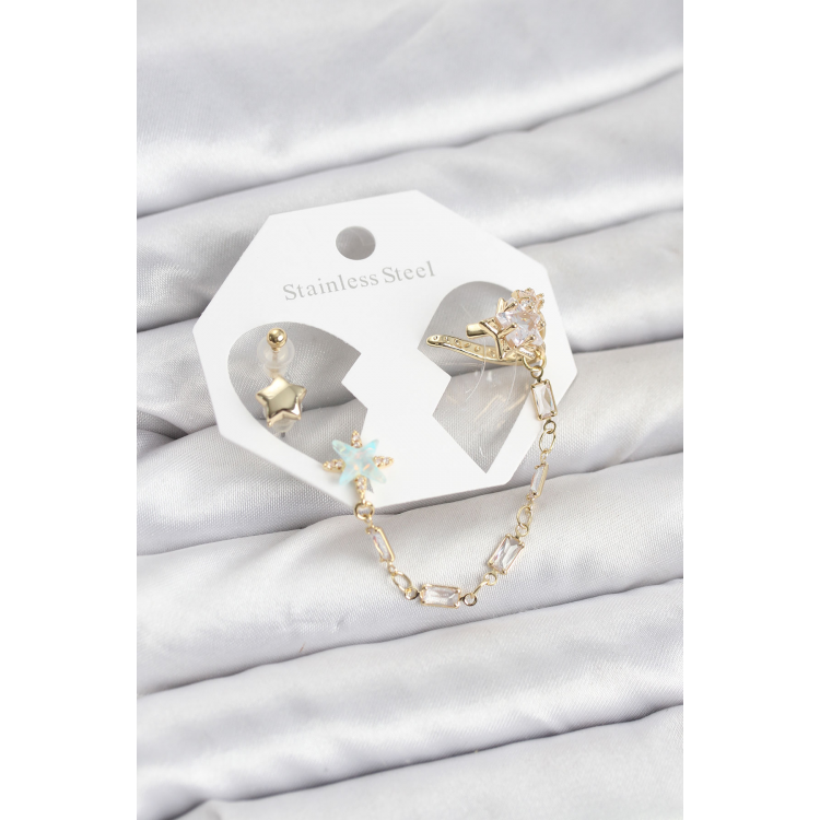 Yıldız Model Pirinç Gold Renk Zincir Bağlantılı Ear Cuff Küpe Seti 5886
