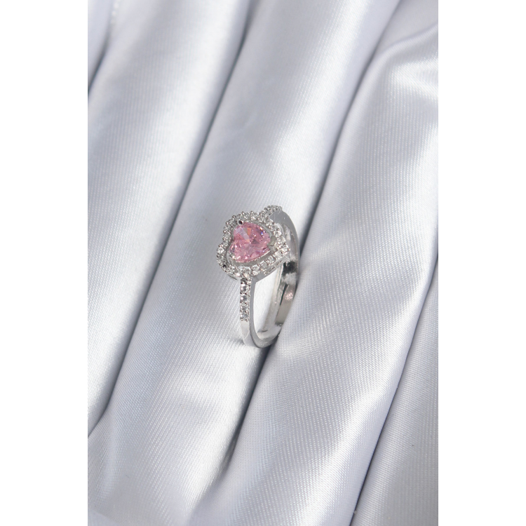 Pirinç Gümüş Renk Pembe Zirkon Taş Kalp Charm Model Kadın Yüzük 5886