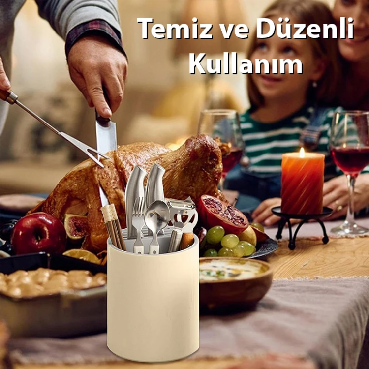 EZERE Çatal - Bıçak - Kaşık Saklama Ve Kurutma Kutusu Dönebilen Mutfak Düzenleyici-(5775)