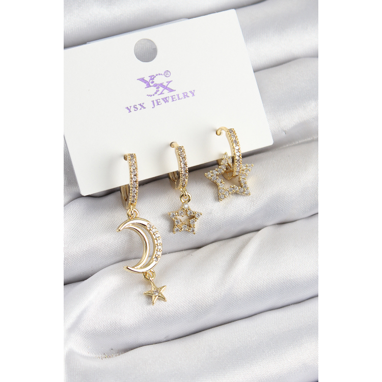 Pirinç Zİrkon Taşlı Ay Ve Hilal Model Gold Renk 3'lü Kadın Küpe 5886