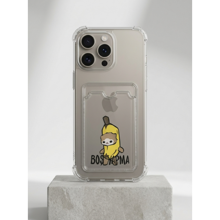 iPhone 15 Pro Max Boş Yapma Muz Detaylı Kart Bölmeli Şeffaf Telefon Kılıfı