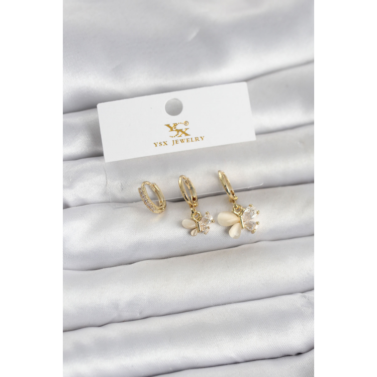 Pirinç Gold Renk Kelebek Model 3'lü Kadın Küpe 5886