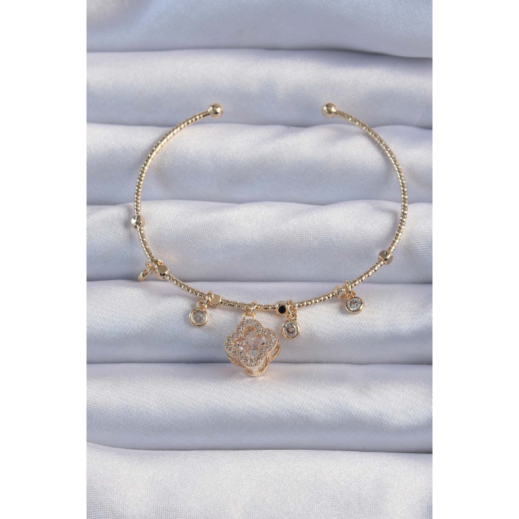 Pirinç Altın Renk Zirkon Taşlı Yonca Model Charm Bileklik 5886