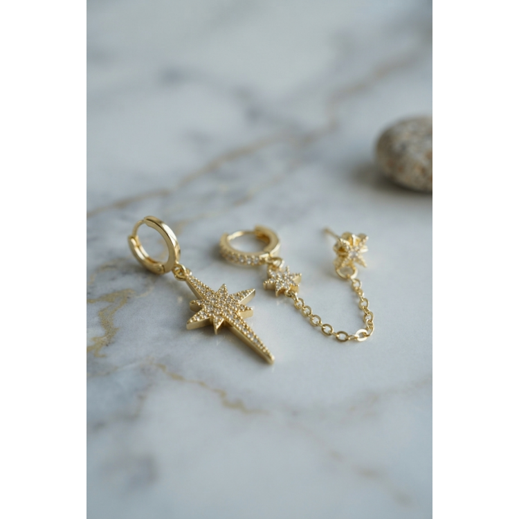 3 lü Set Küpe Gold Renk Zincir Detaylı 5886