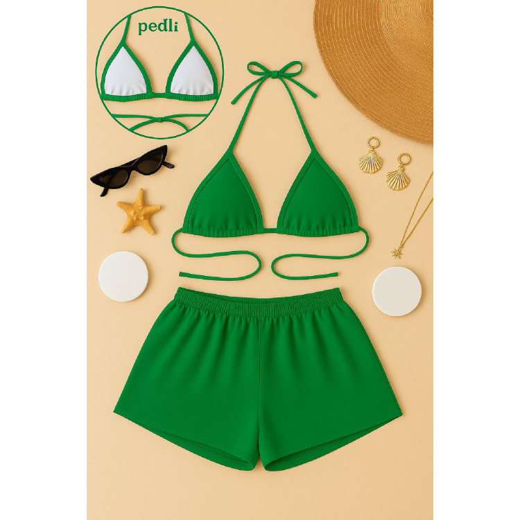 Kadın Yeşil Şortlu Belden ve Boyundan Bağlamalı Bikini Takımı