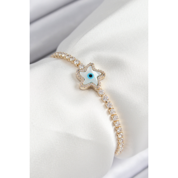 Pirinç Zirkon Taşlı Nazar Yıldız Model Gold Renk Asansörlü Kadın Bileklik 5886