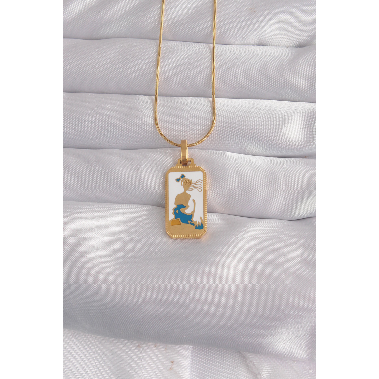 316L Çelik Gold Renk Beyaz Mineli Kız Figür Tarot Kolye 5886