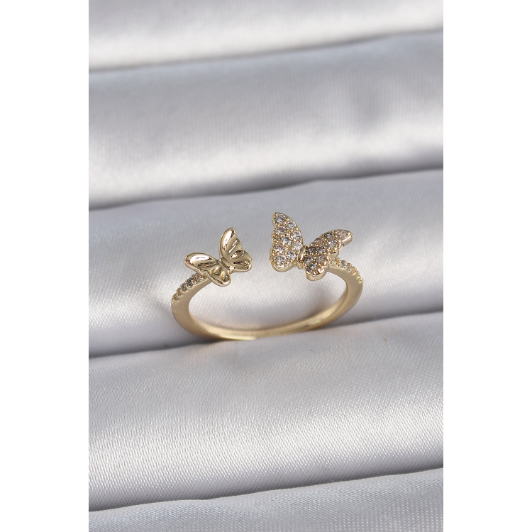 Pirinç Gold Renk Ayarlanabilir Zirkon Taşlı Kelebek Model Kadın Yüzük 5886