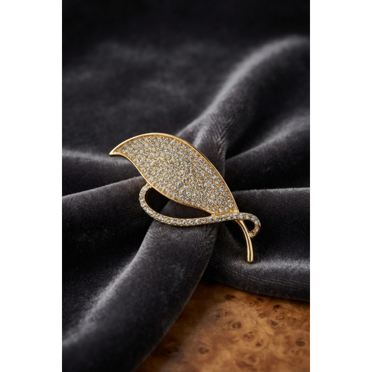 Gold Renk Zirkon Taşlı Yaprak Model Broş 5886