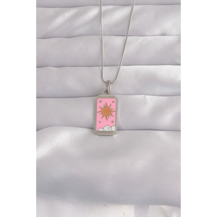 316L Çelik Gümüş Renk Pembe Mineli Güneş Model Tarot Kolye 5886