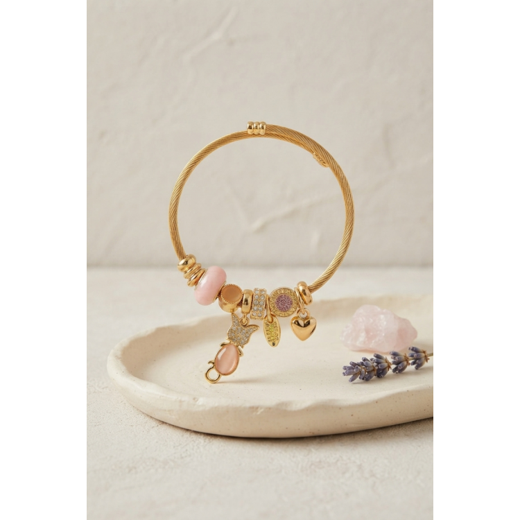 Pembe Kedi Model Gold Renk Charmlı Bileklik 5886