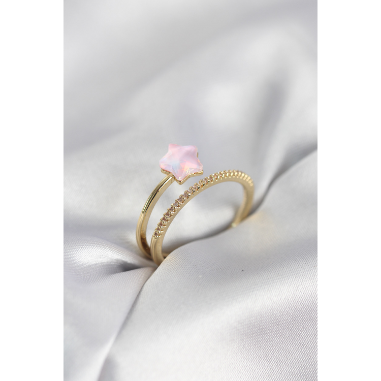 Gold Renk Zirkon Taşlı Pembe Halley Model Kadın Yüzük 5886