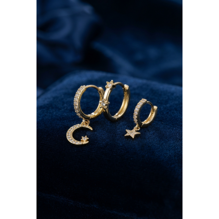 3 lü Ay ve Yıldız Model Gold Renk Set Küpe 5886