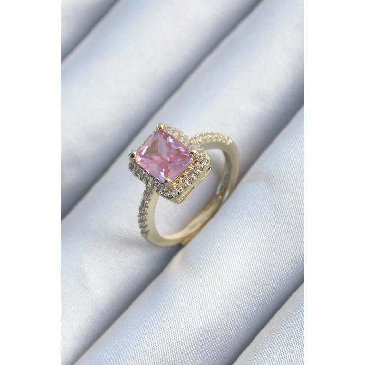 Pirinç Gold Renk Pembe Zirkon Taşlı Kadın Yüzük 5886