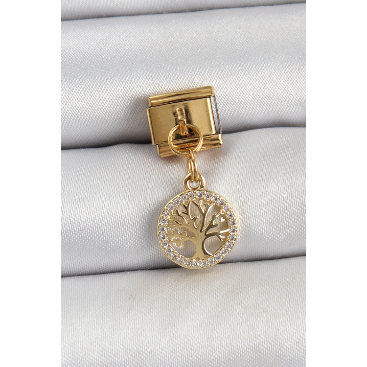 316L Çelik Sallantılı Zirkon Taşlı Hayat Ağacı Model Gold Renk Nomination Charm 5886