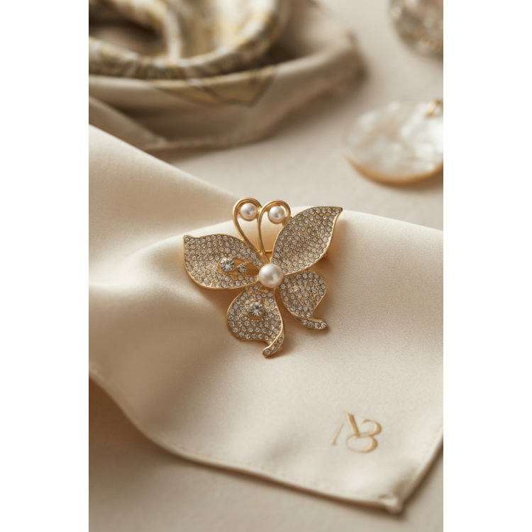 Zirkon Taşlı Gold Renk Kelebek Model Broş 5886