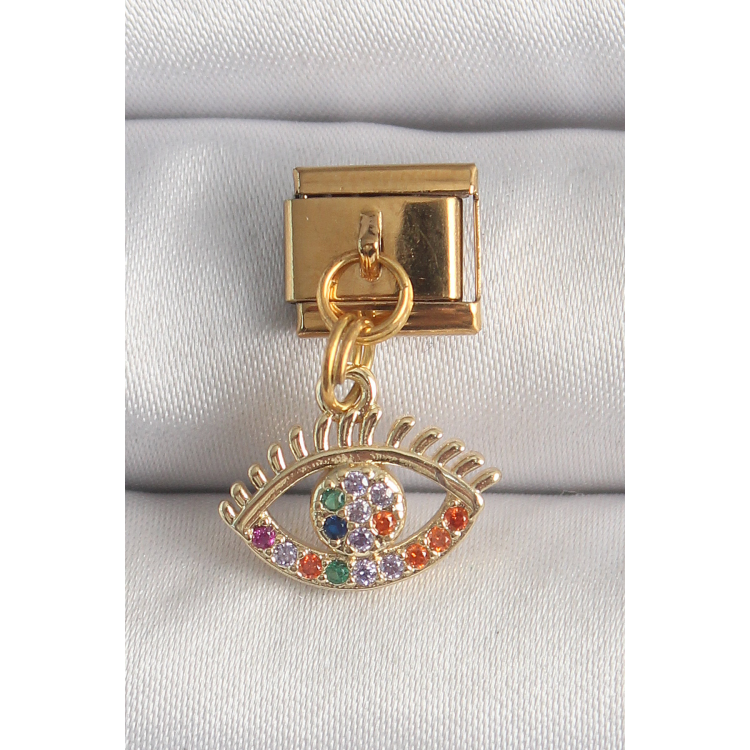 316L Çelik Gold Renk Sallantı Renkli Zirkon Taşlı Göz Model Nomination Charm 5886