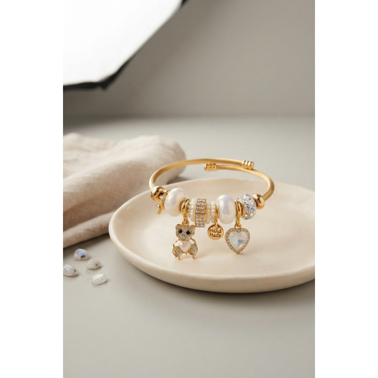 Tedy Bear Model Gold Renk Beyaz Charmlı Bileklik 5886
