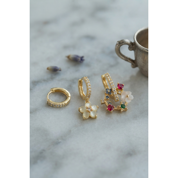 3 lü Set Gold Renk Çiçek Model Küpe 5886