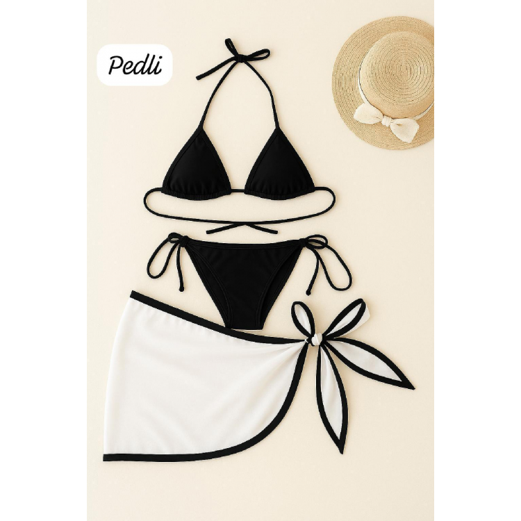 Kadın Siyah Beyaz Pareolu Yandan ve Boyundan Bağlamalı 3'lü Bikini Takımı