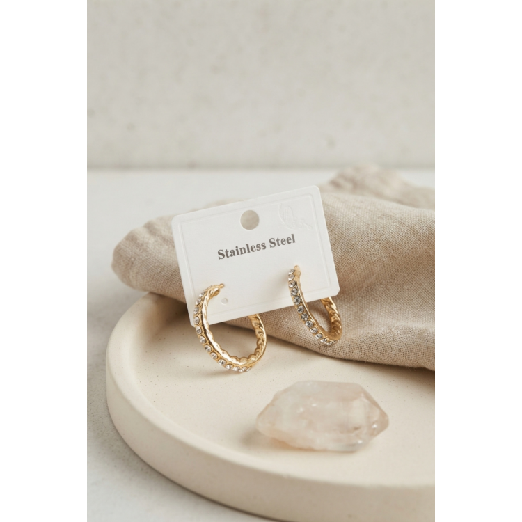 316L Çelik Gold Renk Zirkon Taşlı Halka Model Küpe 5886