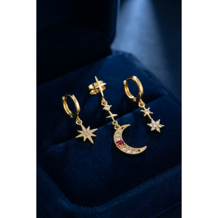 Gold Renk 3 lü Ay ve Yıldız Model Küpe 5886