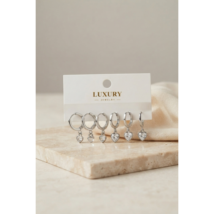 Kalp Zirkon Taşlı Gümüş Renk Pirinç Set Küpe 5886