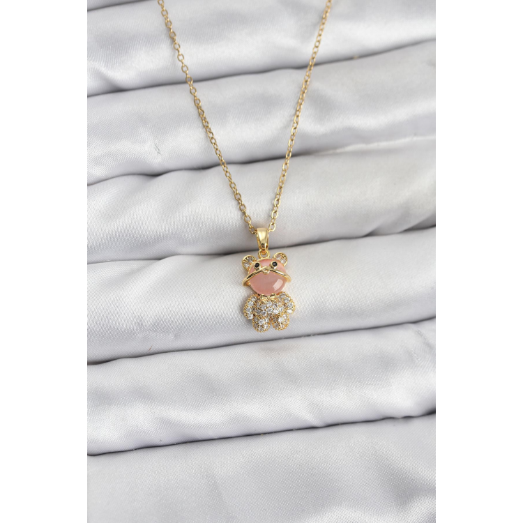 316L Çelik Zincir Gold Renk Teddy Bear Model Zirkon Taşlı Kadın Kolye 5886