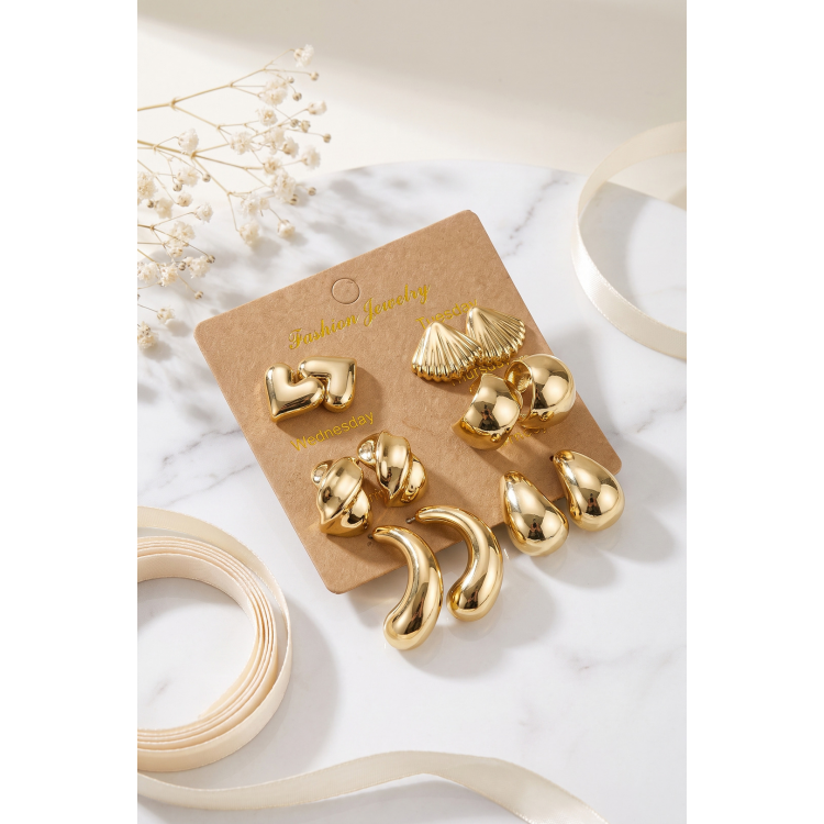 Metalik Kaplama Gold Renk CCB 6 Çift Kadın Küpe Seti 5886